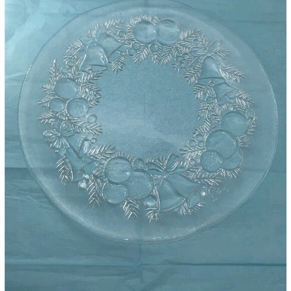 Bell Ball Garland COOKIE SERVING Platter Christmas Holiday Clear Glass - Picture 1 of 3